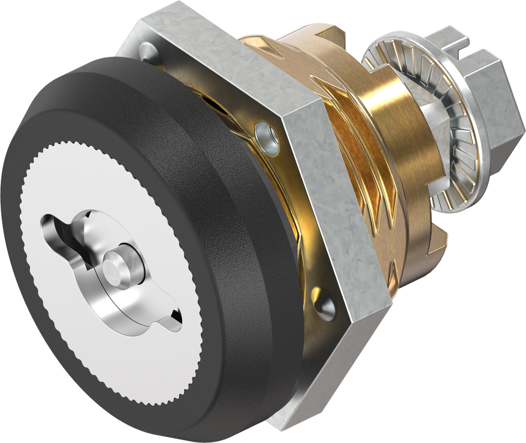 Cuarto de vuelta de seguridad doble barra 3, versión izquierda con tapa antipolvo, latón y acero inoxidable recubierto de polvo negro